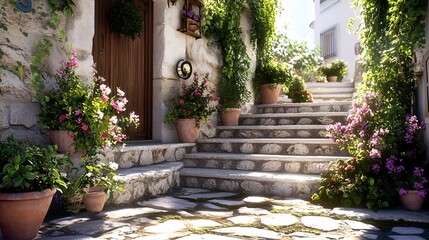 Fototapeta premium Charming Stone Steps with Flower Pots and Lush Greenery in a Quaint Garden Setting