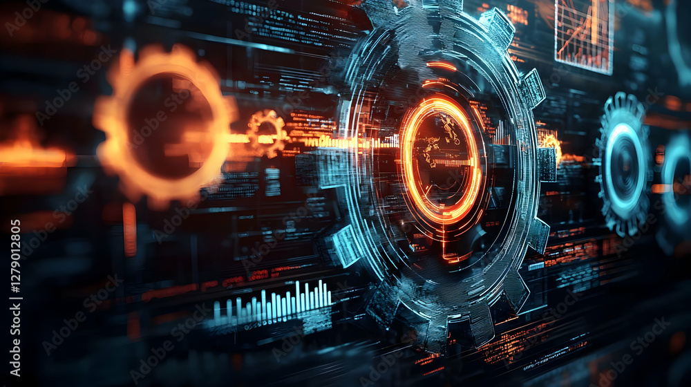 Poster futuristic digital interface with gears and data visualizations in motion