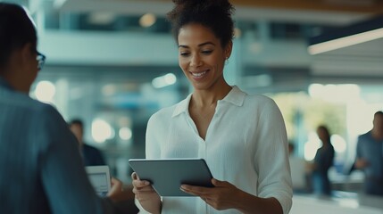 A professional class model businesswoman in a modern office setting, confidently presenting a digital tablet to a diverse group of colleagues, with a clean and minimalist background