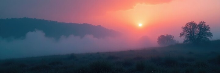 Obraz premium Mysterious fog creeps over the ground at dawn, mysterious, terrain, smoky