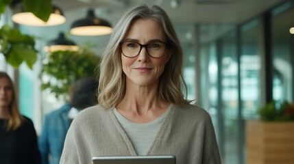 A professional class model businesswoman in a modern office setting, confidently presenting a digital tablet to a diverse group of colleagues, with a clean and minimalist background