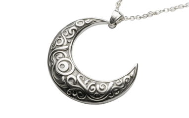 Elegant Silver Crescent Moon Necklace Symbolizing Eid Isolated on transparent background.