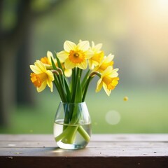 Fototapeta premium Narcissus flowers in small glass cup on a wooden bench, vase, branches