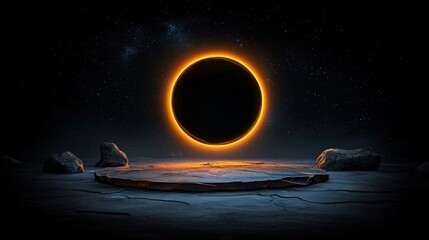 Naklejka premium Majestic Solar Eclipse Over Cracked Earth Surface with Soft Glimmering Stars in Background