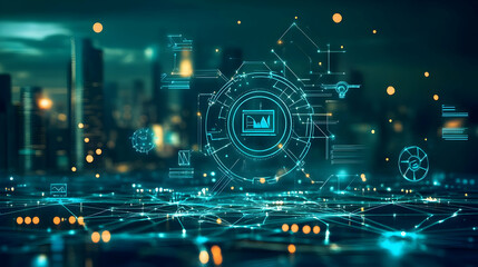 Futuristic cityscape with digital data visualization and glowing network connections