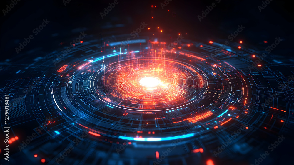 Poster abstract digital vortex with glowing particles and circuit patterns in dark space