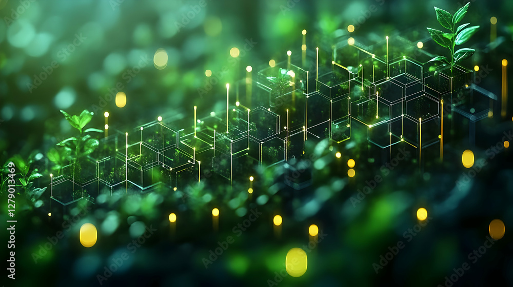 Poster lush green landscape with glowing hexagonal patterns and light orbs
