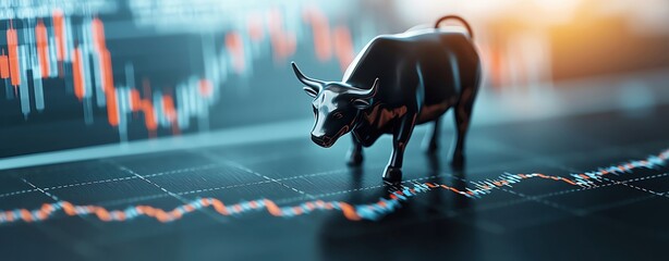 Financial Growth A dynamic 3D illustration of a stock market bull charging forward, symbolizing strong financial growth and investment success