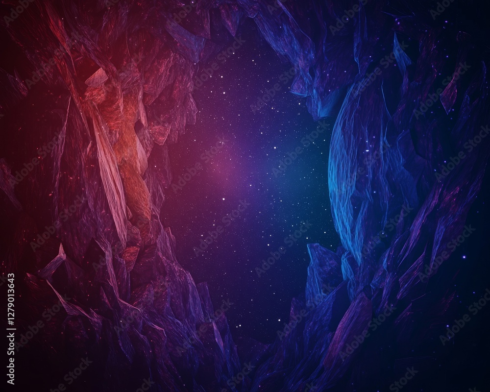 Poster a vibrant cosmic scene featuring deep reds and blues, with a textured backdrop hinting at an extrate
