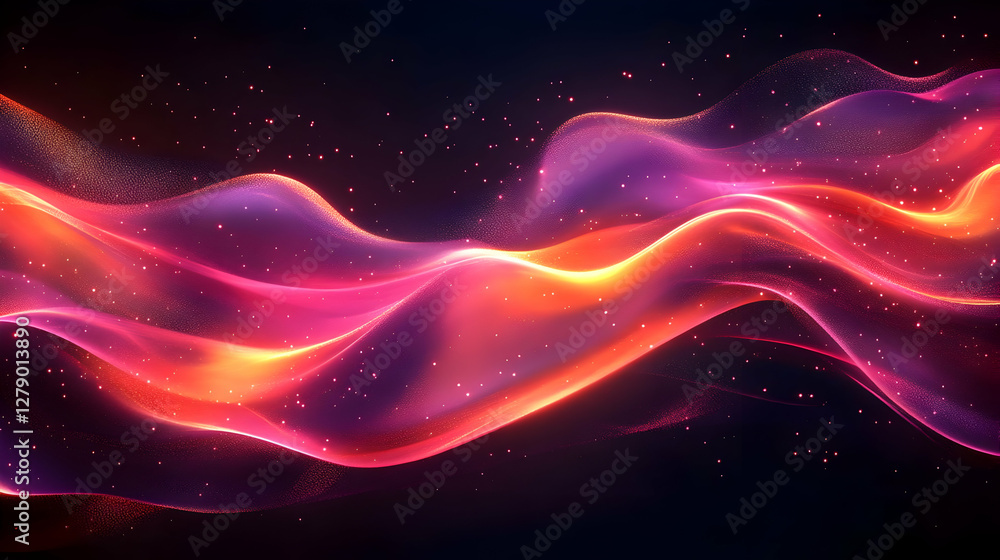 Poster abstract waves of vibrant colors flowing through a dark background, creating a dynamic visual effect