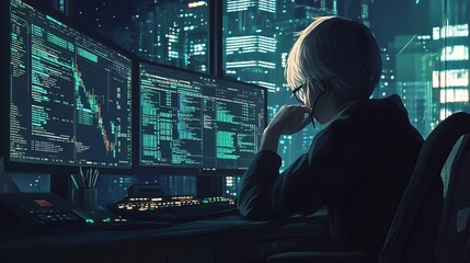 Night City Coder: A Digital Silhouette Against a Glowing Metropolis
