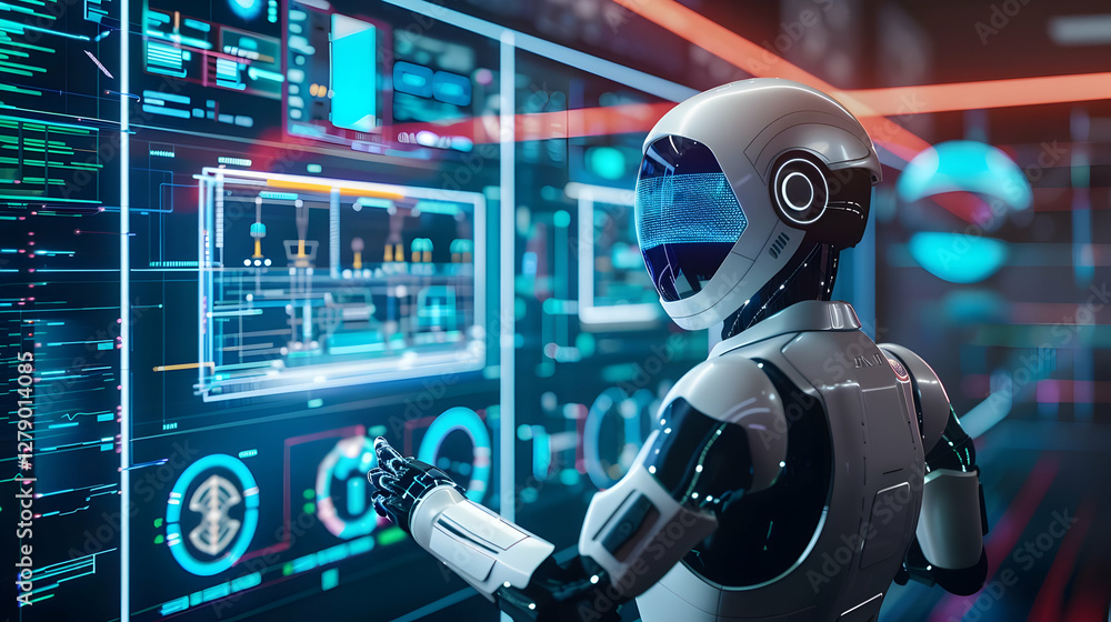 Poster futuristic robot interacting with digital interface in a high-tech environment