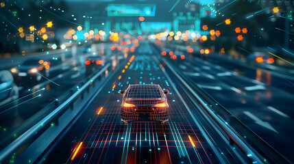 Fototapeta premium Futuristic cityscape at night with a car navigating through digital data streams