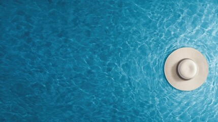 Sunlit straw hat rests against a backdrop of sparkling blue water, evoking the essence of summer relaxation and warmth