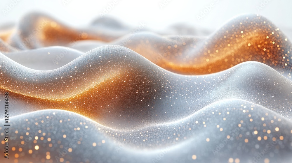 Poster abstract waves of shimmering particles in soft hues, creating a dreamy and tranquil atmosphere