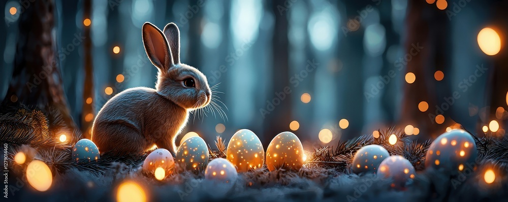 Poster a serene rabbit sits amidst glowing eggs in a mystical forest, illuminated by soft lights, creating 