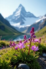 Fototapeta premium Purple saxifrage in full bloom against a backdrop of snow-covered mountains, Arctic landscape, Green foliage, Botany