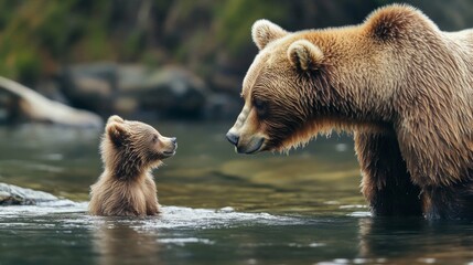 Obraz premium Grizzly Bear and Cub in River Water