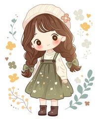 woman wearing pretty dress, cute cartoon girl wearing green dungaree dress with flower around, character design illustration on white background
