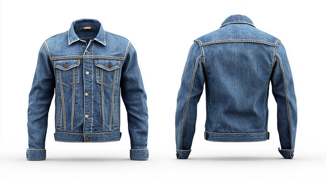denim jacket, front and back view on a white background,