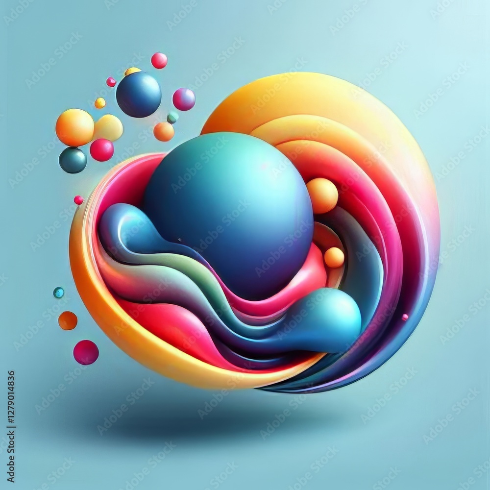 Poster a vibrant 3d abstract composition features fluid shapes and colorful spheres, creating a dynamic flo