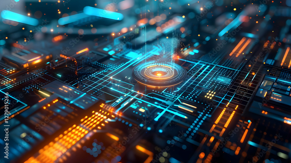 Poster futuristic digital circuit board with glowing elements and data flow visualization