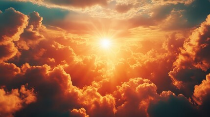 Fototapeta premium A vibrant orange sun radiates through fluffy clouds, creating a stunning contrast against the sky in this breathtaking aerial view.