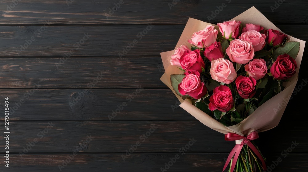 Wall mural Beautiful bouquet of pink and red roses on wooden background