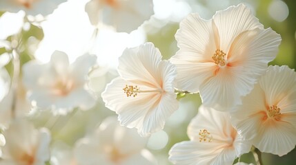 Fototapeta premium A vibrant display of white flowers basking in the warm sunlight, showcasing their delicate petals and natural beauty in a serene environment.