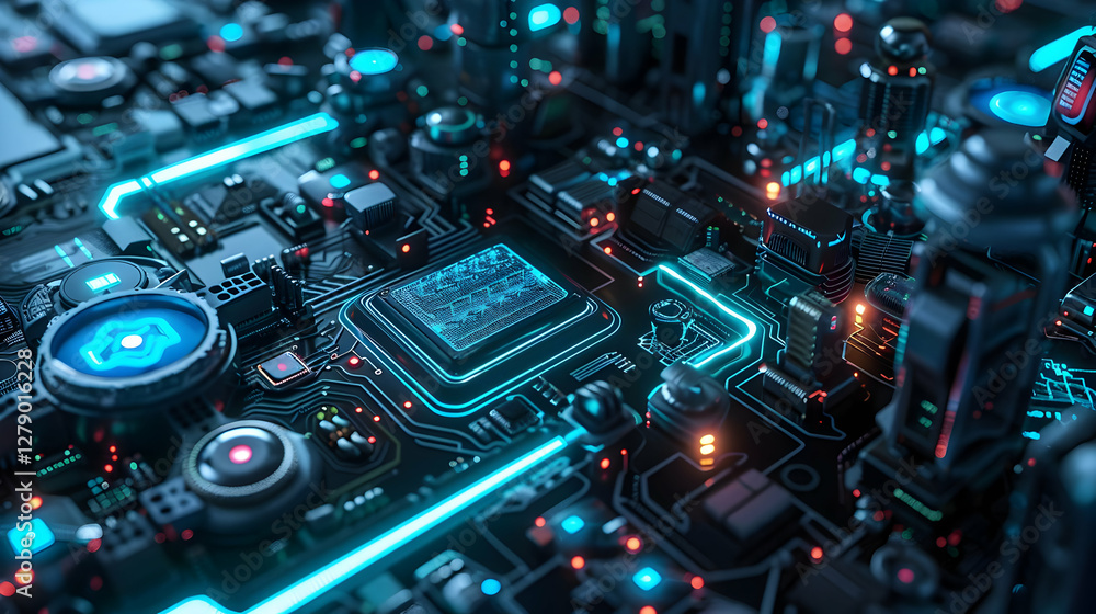 Poster futuristic circuit board with glowing elements and intricate details in a tech landscape