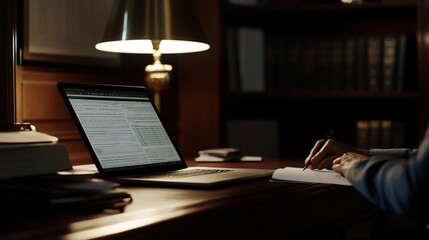 Night Study Session: Person Writing in Notebook at Desk with Laptop and Bookshelf