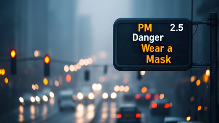 A billboard showing PM 2.5 Danger Wear a Mask on a foggy city street with blurred traffic