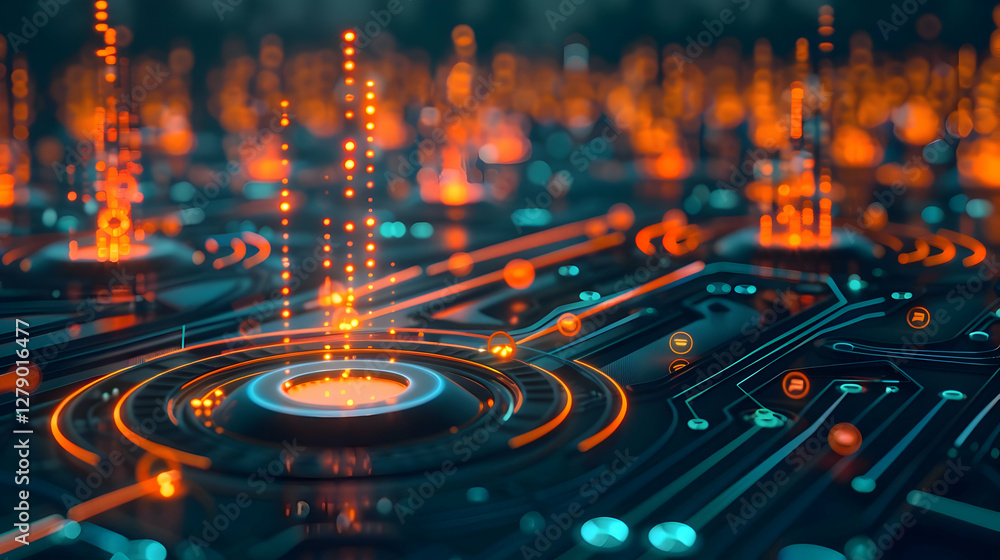 Poster abstract digital landscape with glowing circuits and data streams in motion