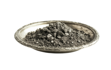 Reflections of Remembrance: Silver Plate with Ashes Isolated on transparent background.