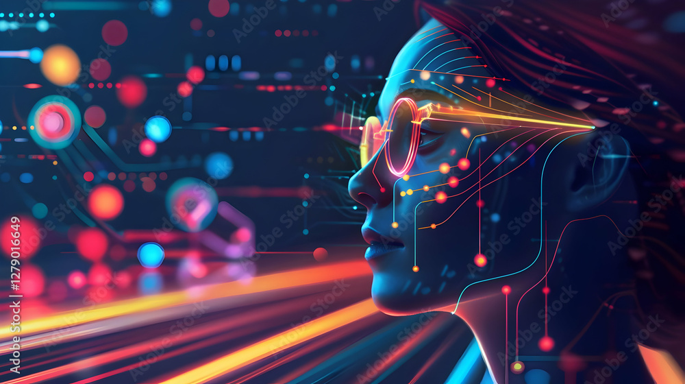 Poster futuristic woman with digital interface and glowing elements in a tech-inspired background
