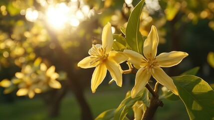 Fototapeta premium A vibrant yellow flower blooms on a tree, showcasing nature's beauty and the arrival of spring with its bright, cheerful color.