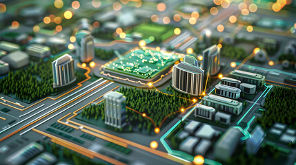Obraz premium Aerial view of a futuristic cityscape with illuminated pathways and greenery