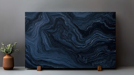 Dramatic dark swirling marble patterns with earthy vase