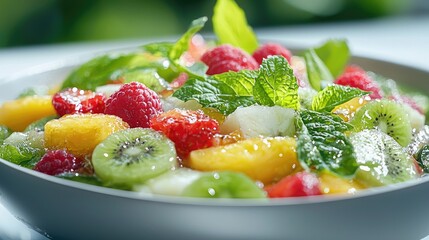 Fresh fruit salad in bowl, vibrant colors, healthy eating, outdoor setting