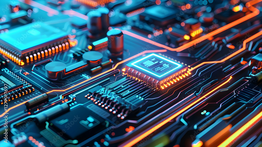 Poster close-up view of a vibrant circuit board with glowing components and intricate details