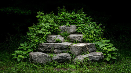 Stone steps overgrown by plants in forest, nature scene, background use