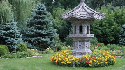Stone Pagoda Lantern in a Lush Garden Setting
