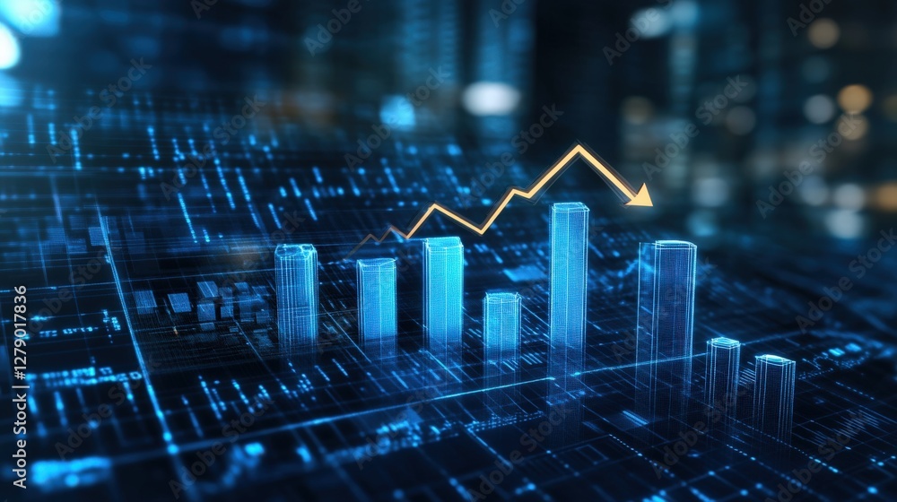 Aufkleber futuristic data visualization with rising graph on digital city skyline background