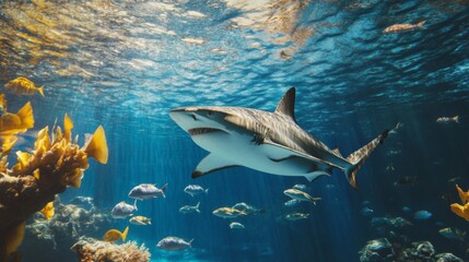 Fototapeta premium Shark Swimming Underwater in Blue Ocean with Sunlight