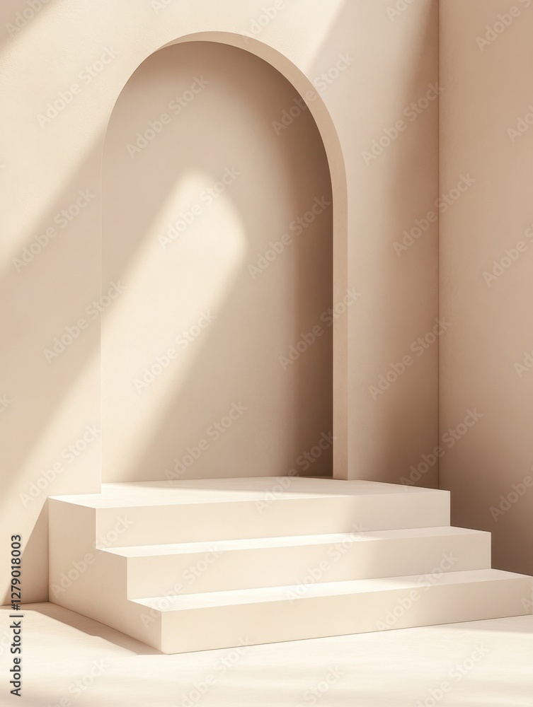 Poster minimalist archway display: cream-colored platform with an arched backdrop bathed in soft sunlight