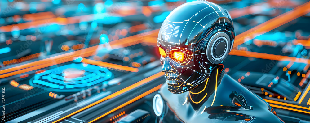 Poster futuristic robotic head with glowing features set against a high-tech digital background