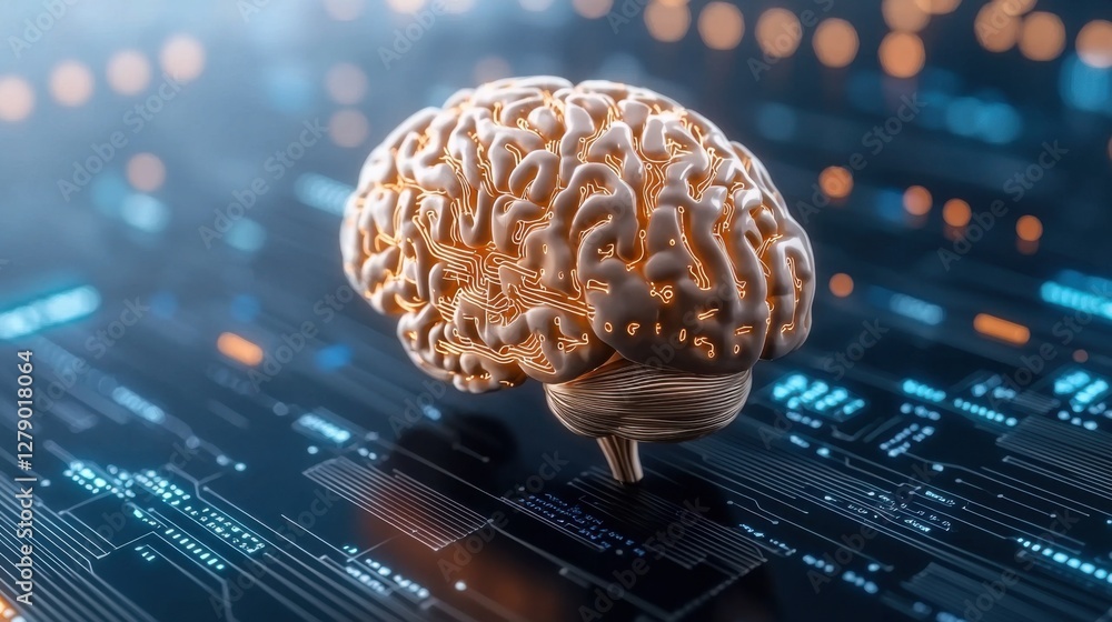 Poster cybernetic human brain expanding with digital data surge:a futuristic vision of technological evolut