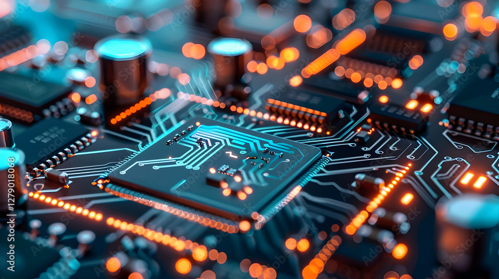 Poster close-up of a vibrant circuit board with glowing components and intricate designs