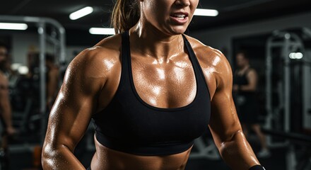 person lifting heavy weights in a gym. Highlight muscle definition, sweat, and intense focus