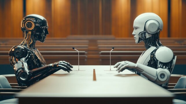 Two robots facing each other at a negotiation table.